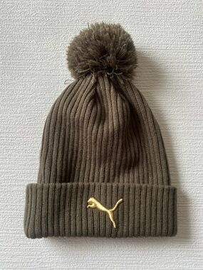 NWOT Puma Olive Ribbed Pom Beanie with Gold Logo
